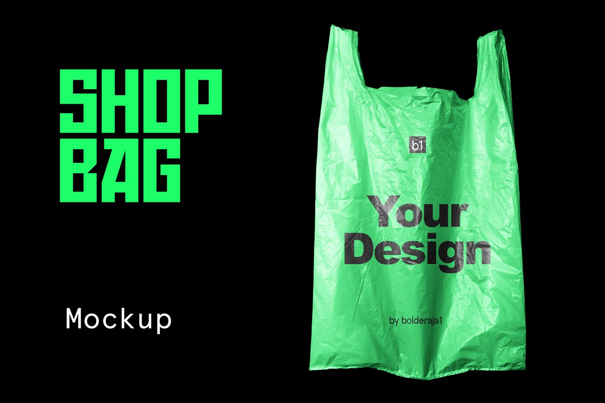 Green plastic shopping bag mockup