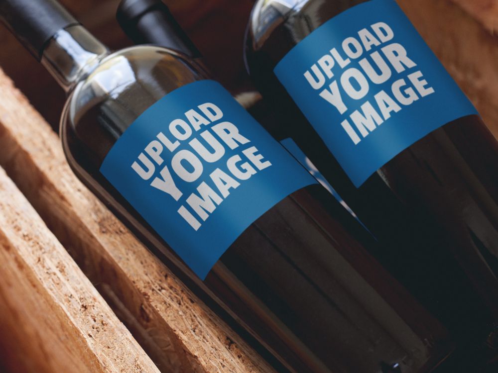 A set of wine bottles in a wine crate mockup