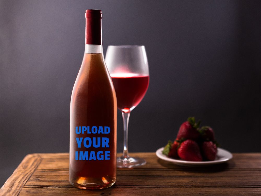 A rose wine bottle mockup template with a glass