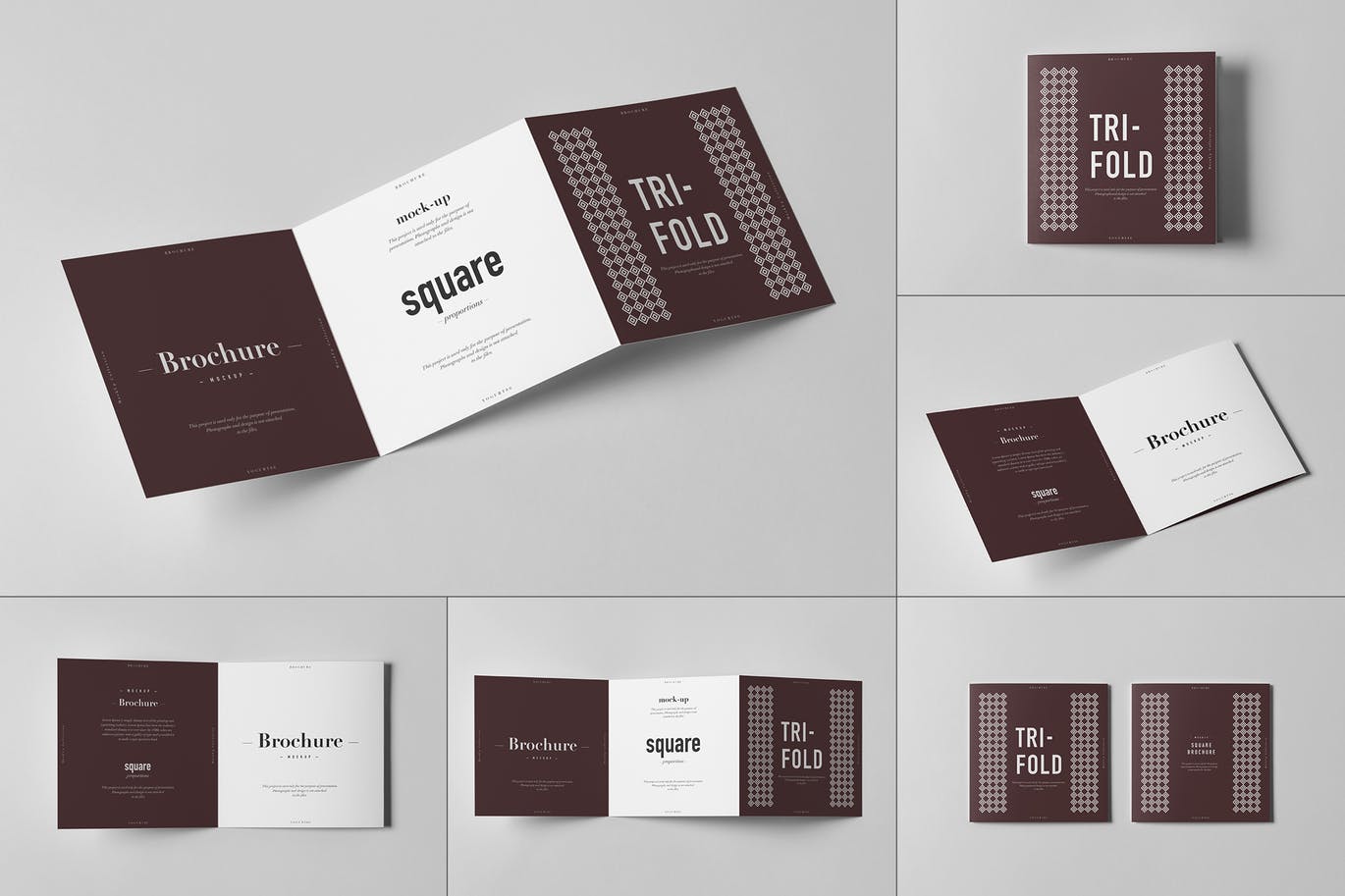 A trifold square brochure mockup set