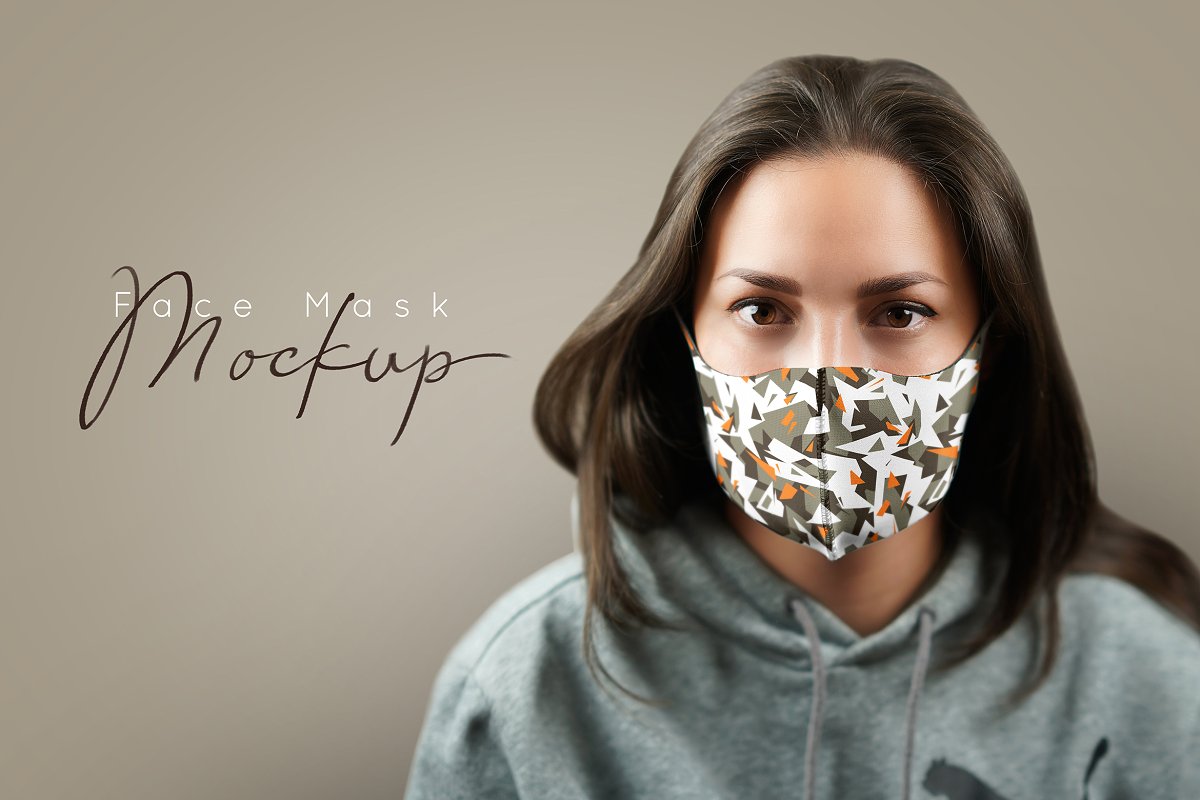Model wearing face mask mockup template