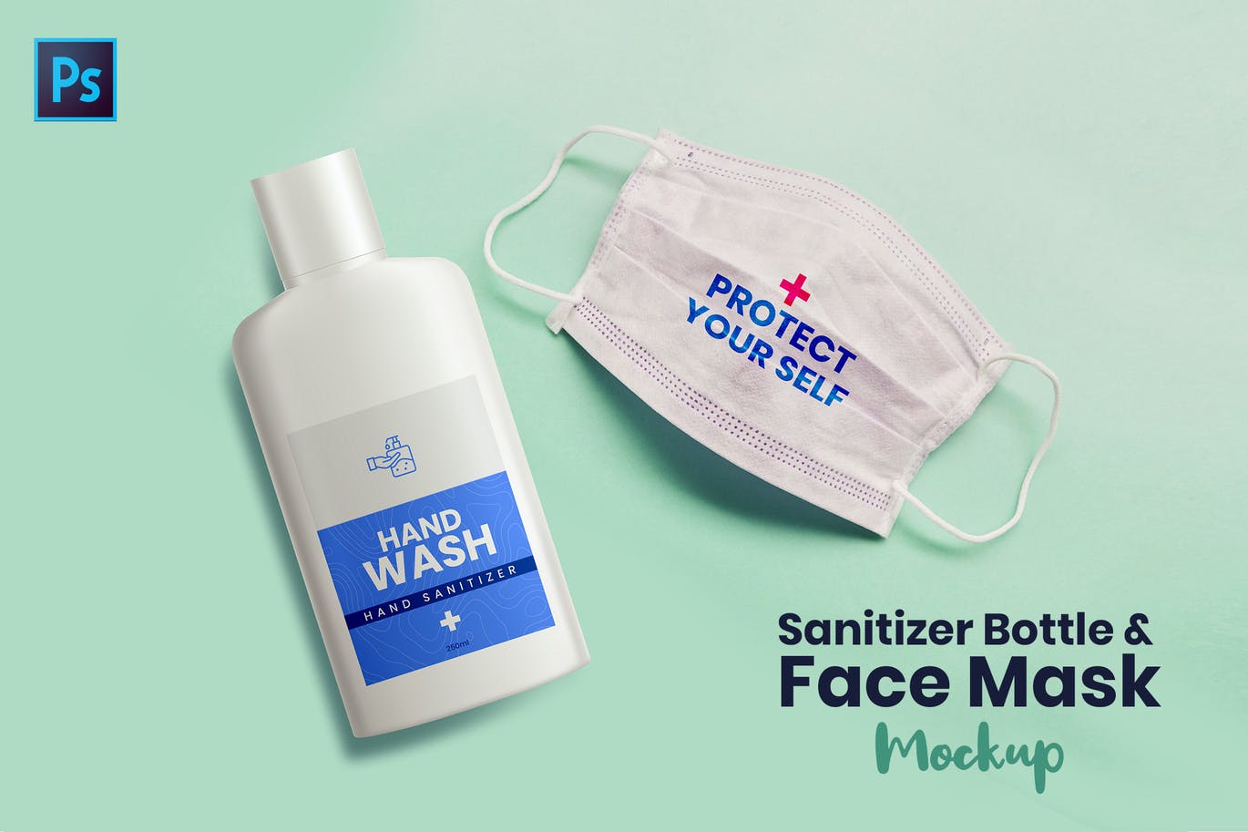 Sanitizer bottle and face mask on green background mockup