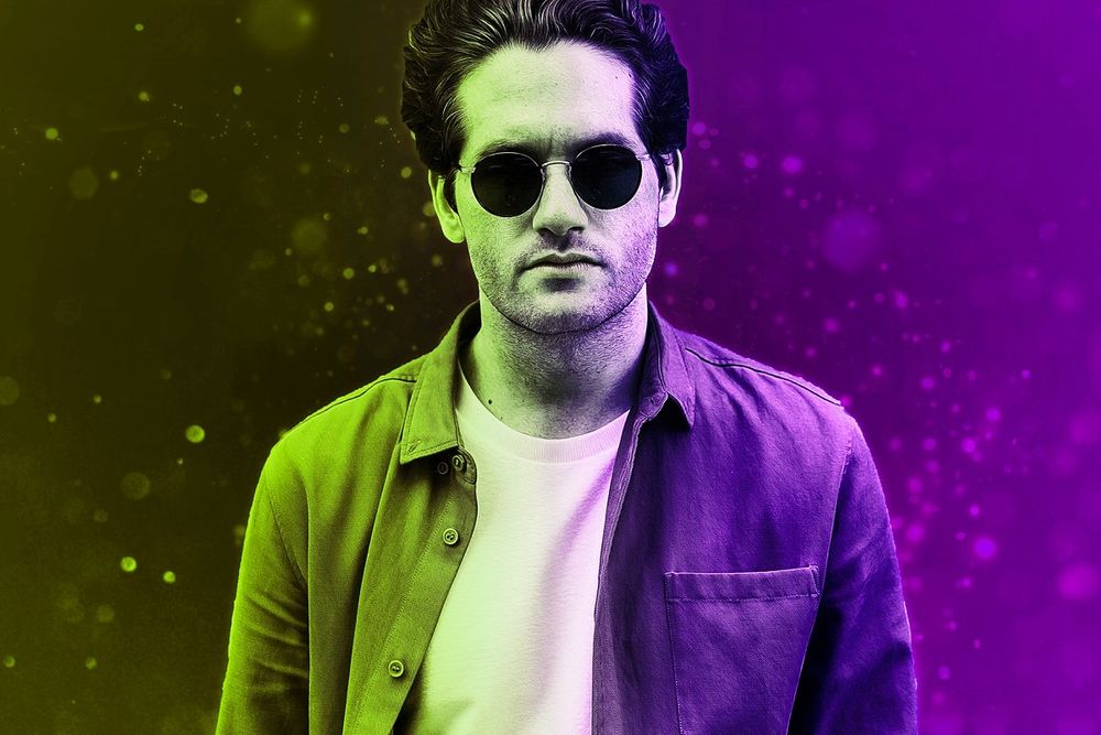 Man with black glasses in colorful effects