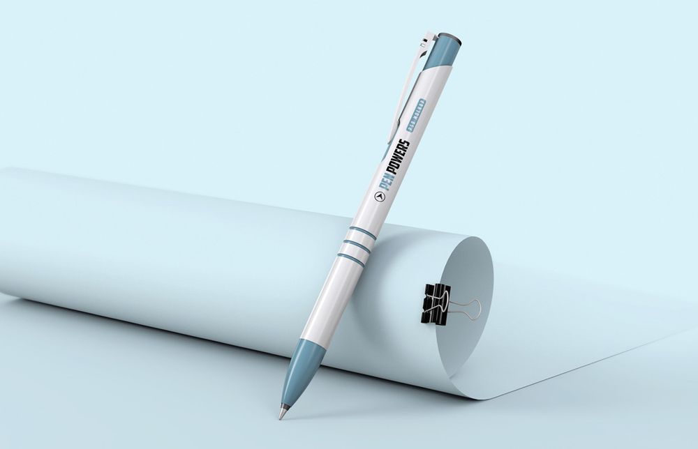 Ballpoint pen mockup on a sky blue background