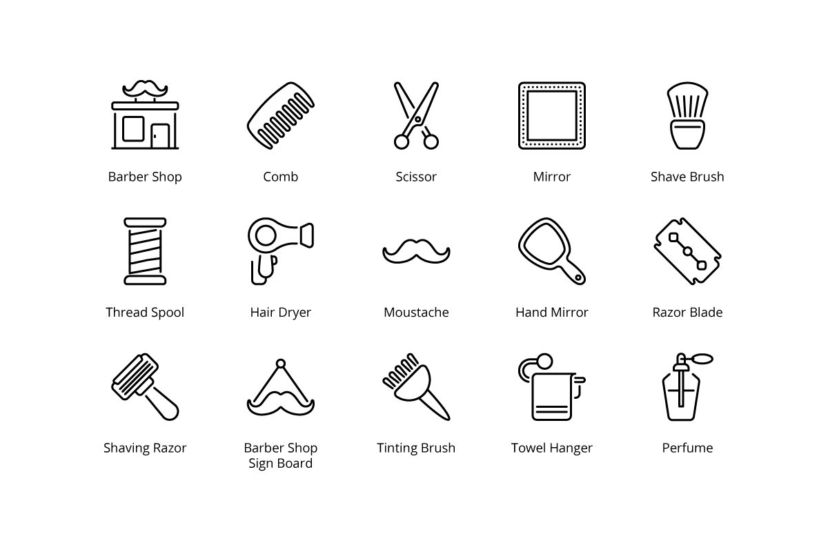 An outline barber shop icons pack