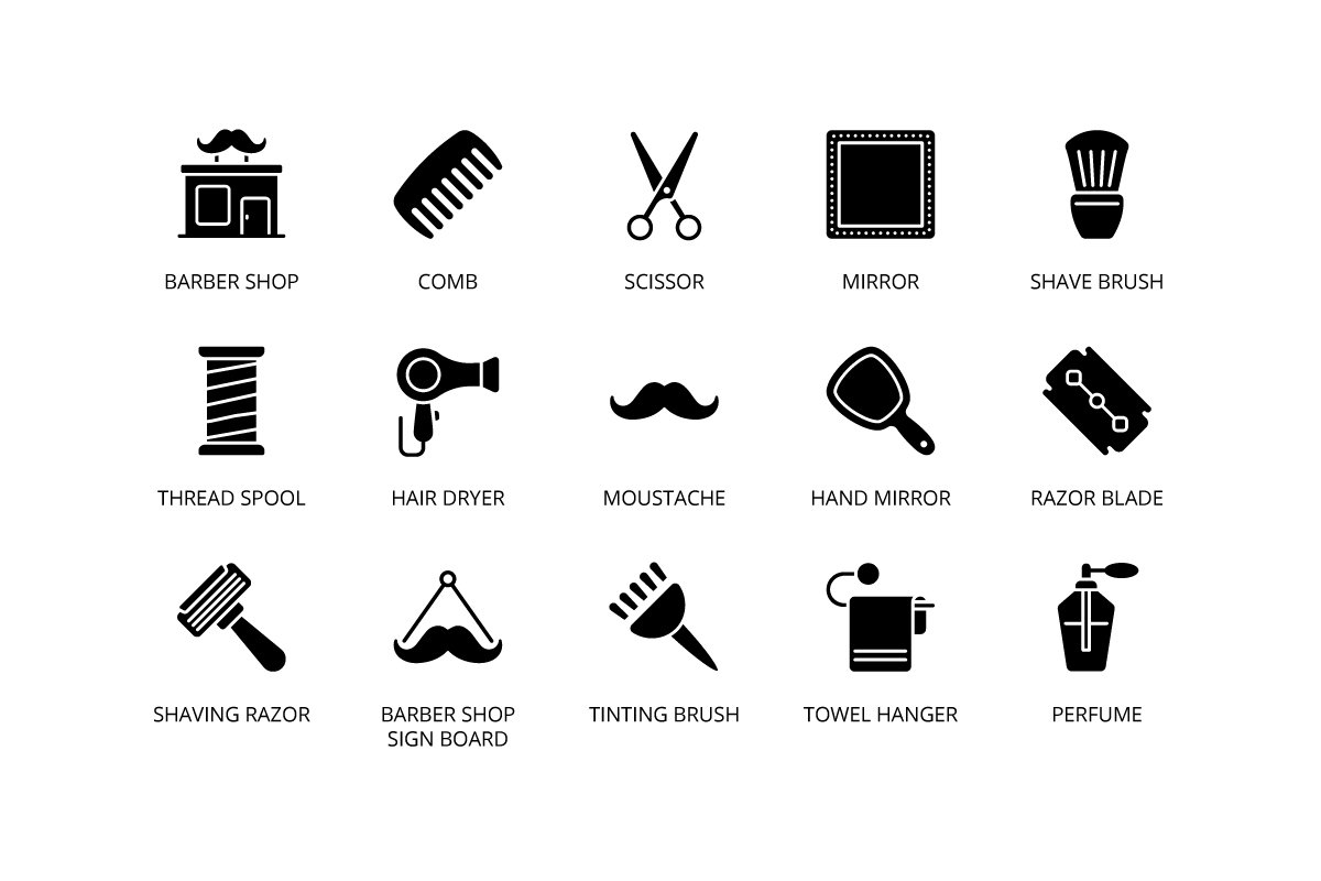 A barber shop glyph line icon set