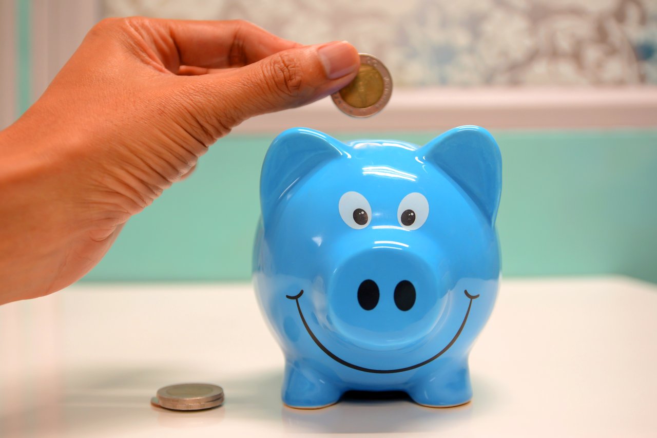 A hand with coin and blue pig