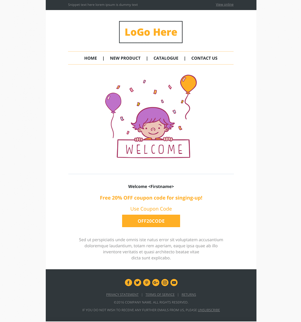 An email template with the kid and balloons