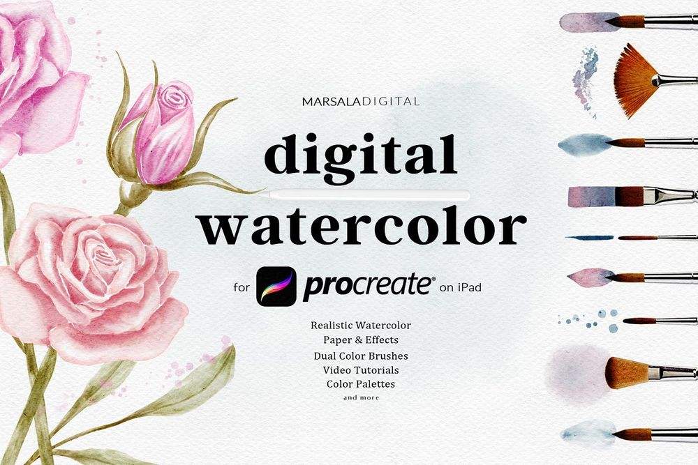 Digital watercolor brushes for Procreate