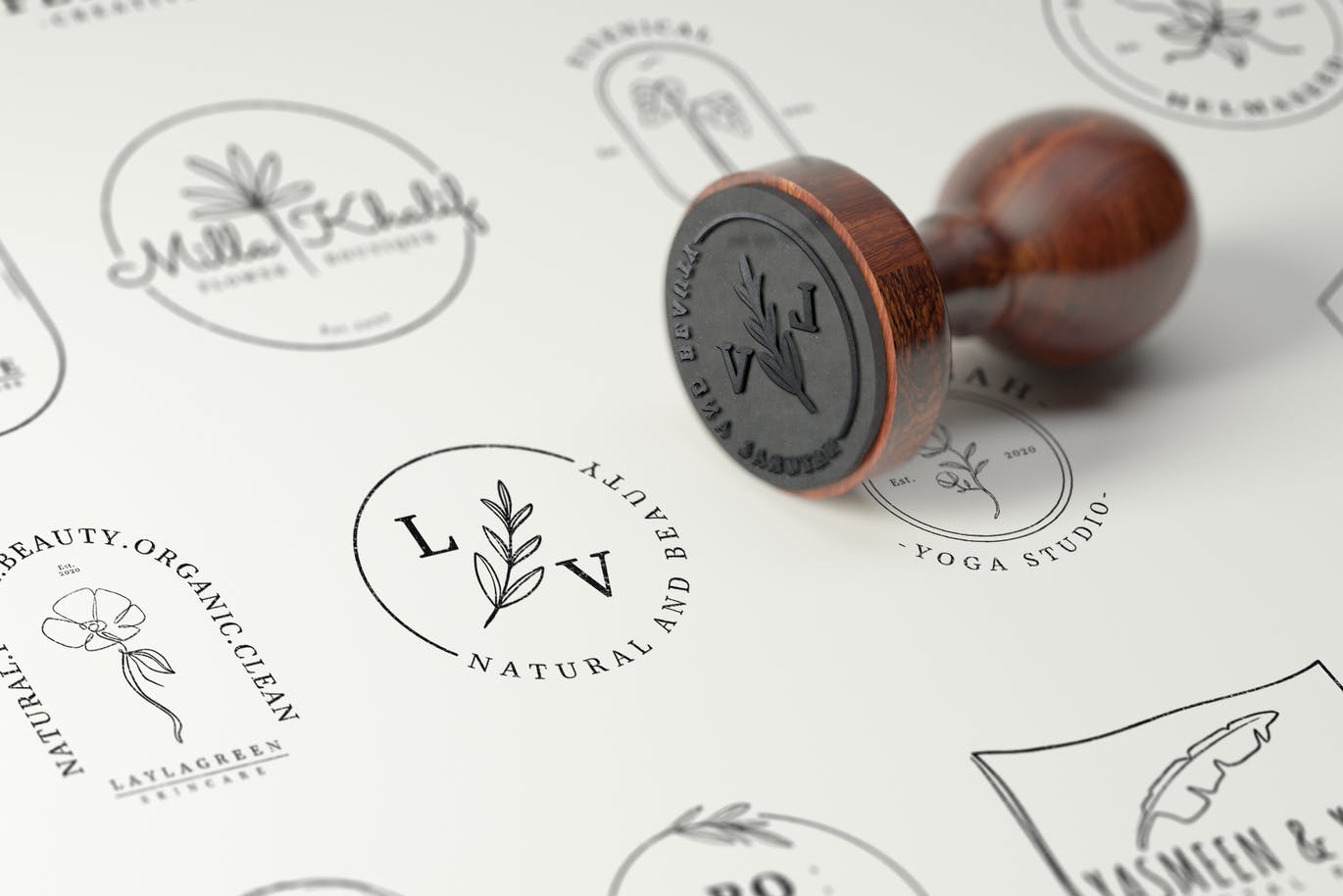 Botanical line art logo templates set