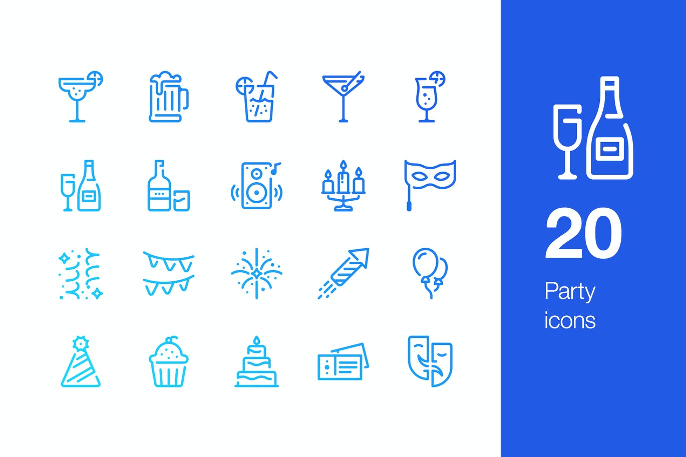 Twenty blue party icons