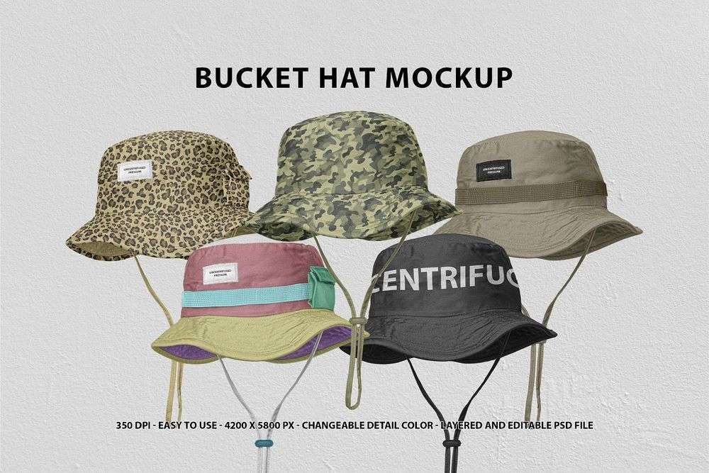 Set of fashionable bucket hat mockup template
