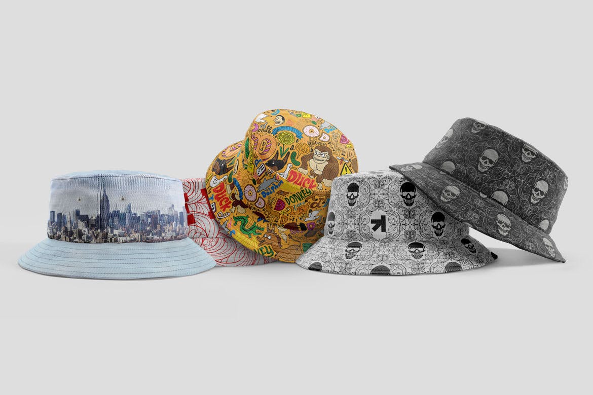 Set of fashionable bucket hat mockup