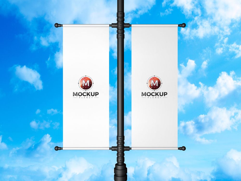 Free white banner on lamp mockup