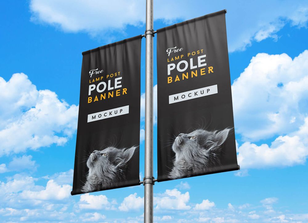 Free lamp post pole banner mockup
