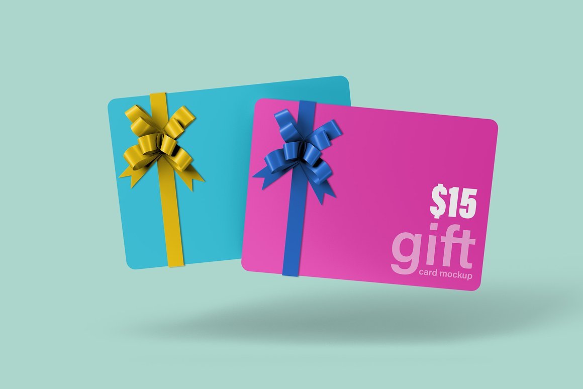 A colorful gift card with ribbon mockup