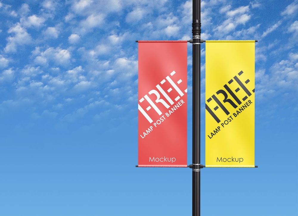 Free red and yellow banner on lamp mockup