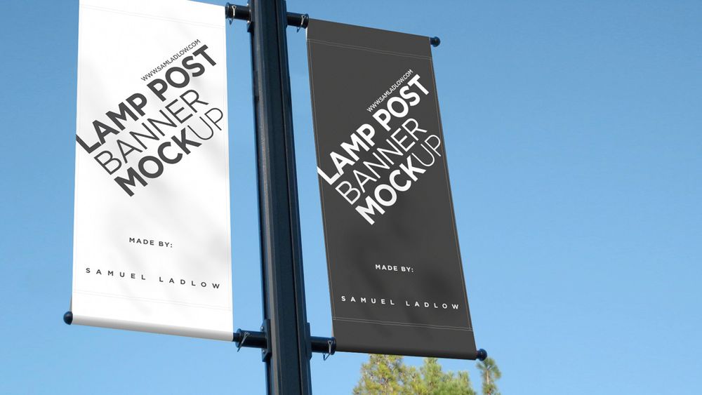 White and black lamp post banner mockup