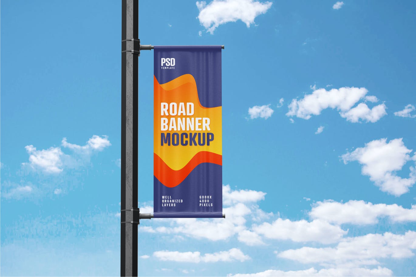 A road banner on lamp mockup