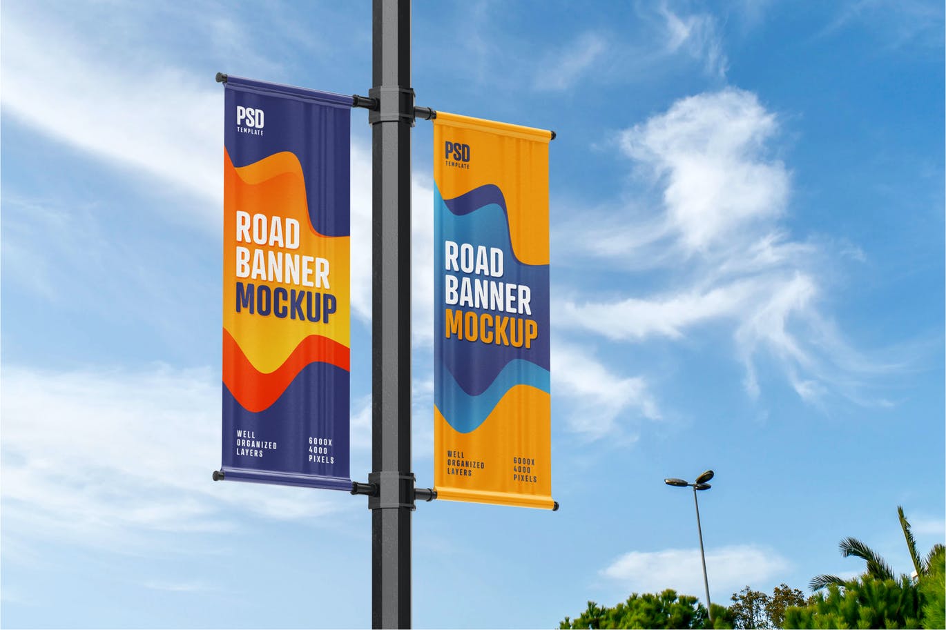 Street banner on lamp mockups