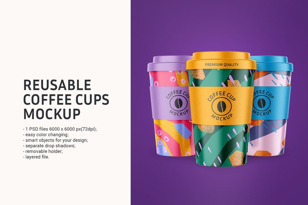 A set of reusable coffee cups mockups