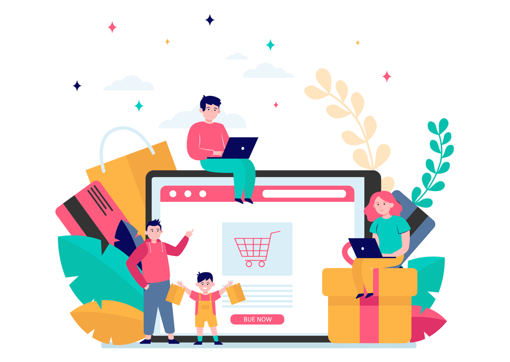 A colorful e-shopping illustration