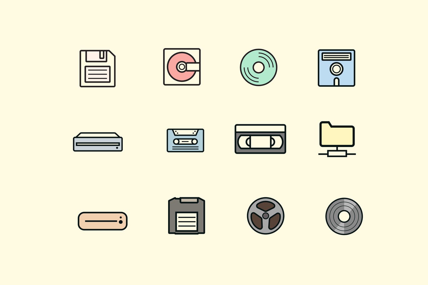 Twelve retro storage icons