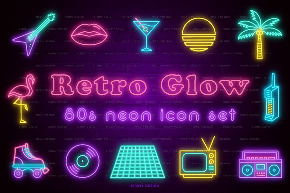 A glowing retro neon icon set