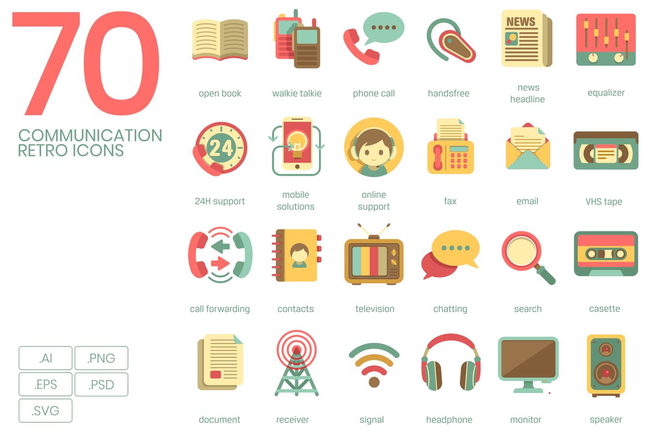 Communication retro flat icon set