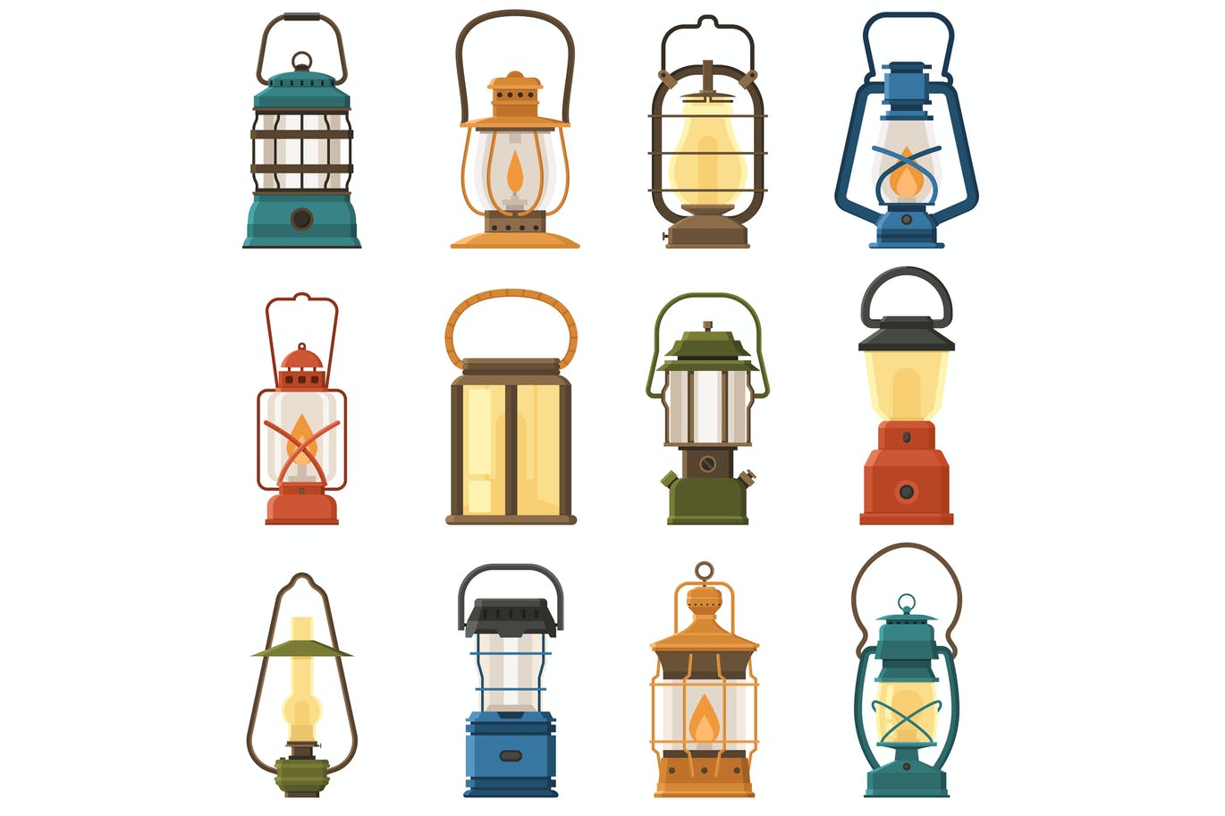 A vintage camping lamps and lanterns icon set
