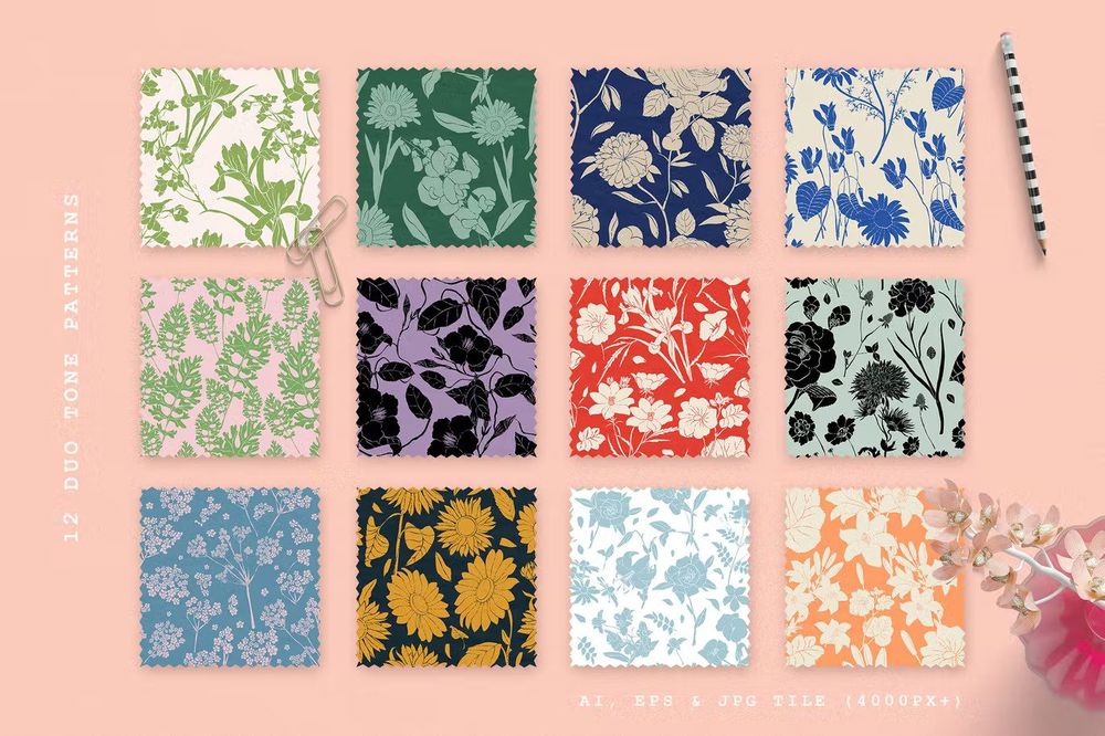 A colorful seamless flower pattern set