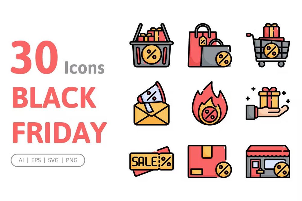 Thirty black friday colored icons pack