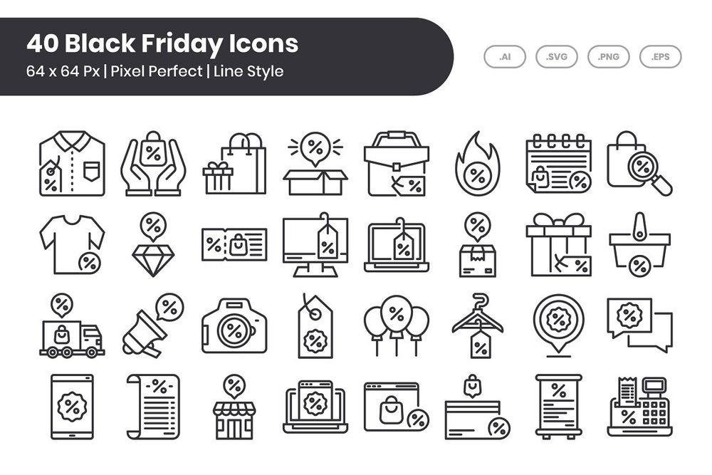 Fourty black friday line icons