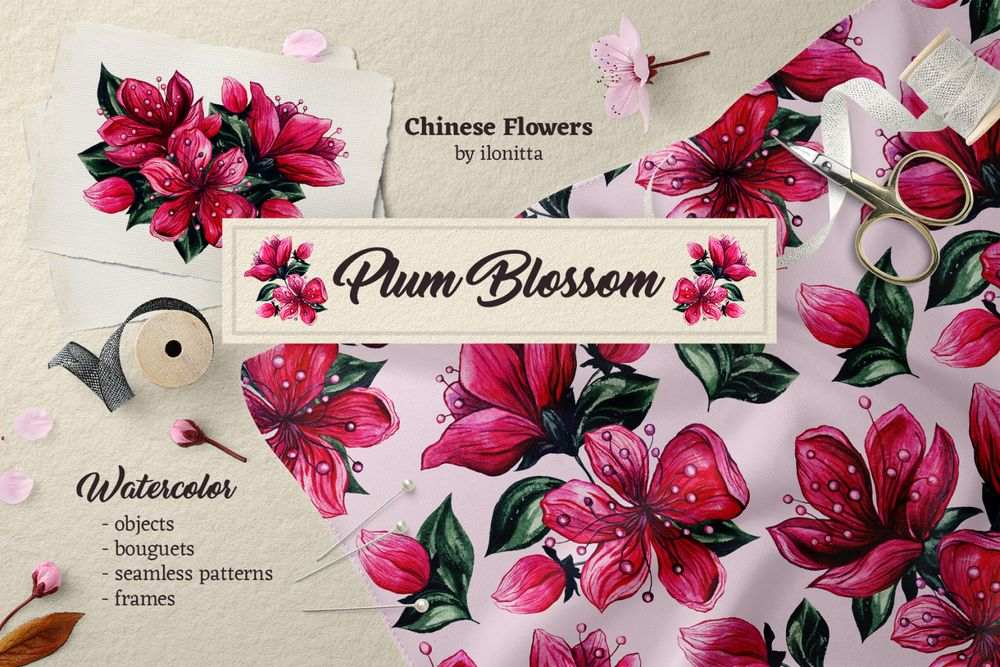 A plum blossom watercolor pattern set