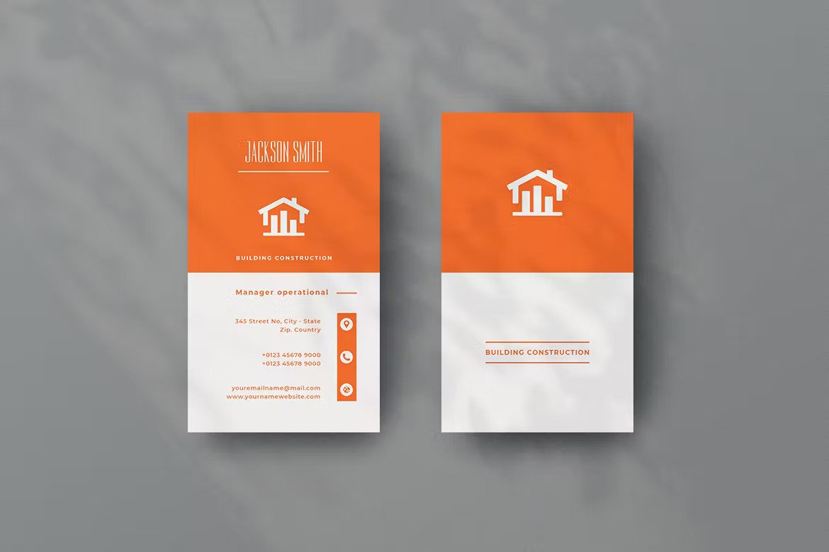 A vertical white and orange business card template