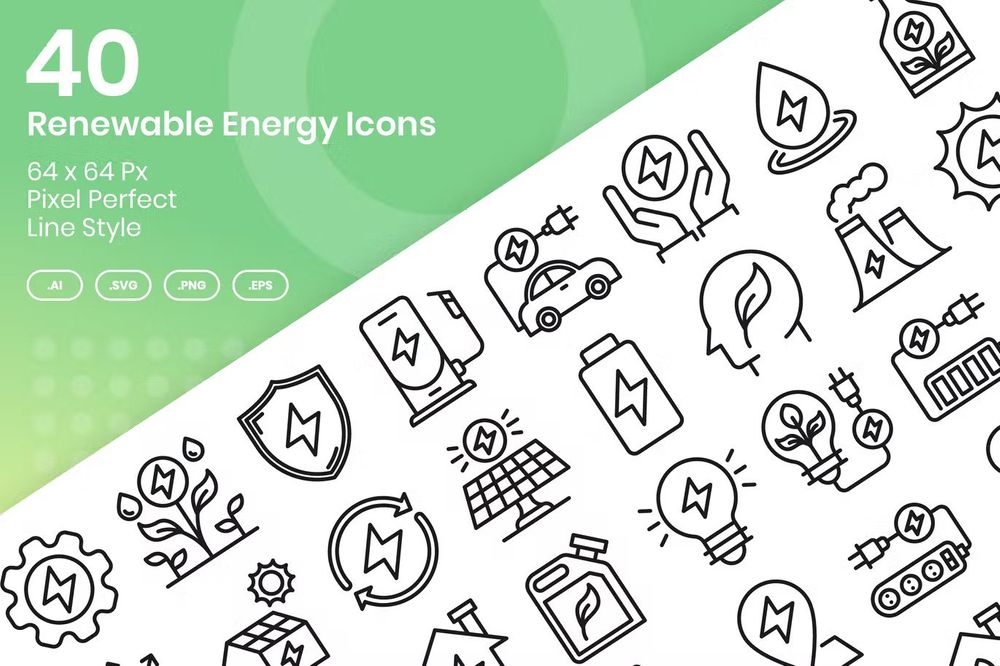 Forty linear renewable energy icons