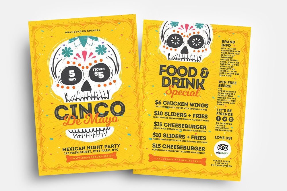 Yellow cinco de mayo flyer and menu template