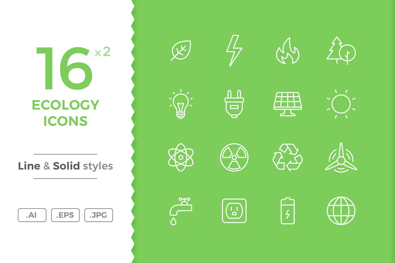 Sixteen ecology icons in line and solid styles