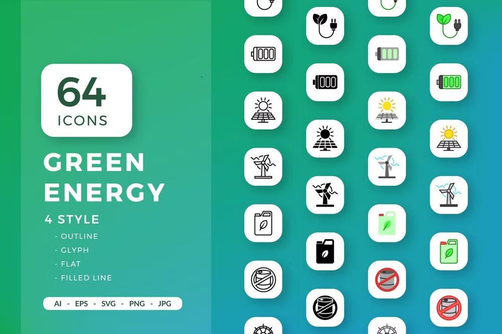 A set of green energy icons in four styles