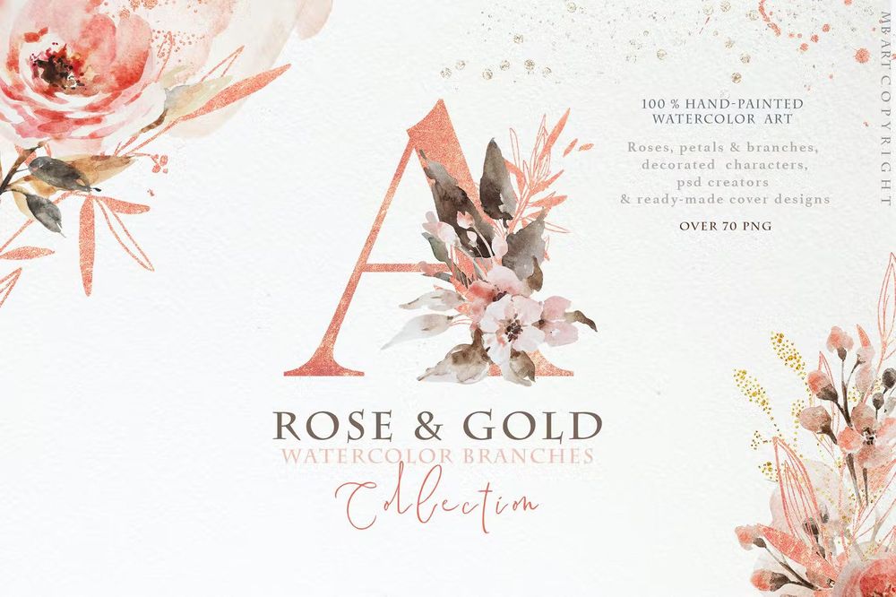 Rose and gold watercolor branches collection