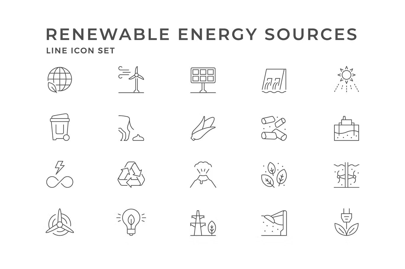 Line renewable energy icons set