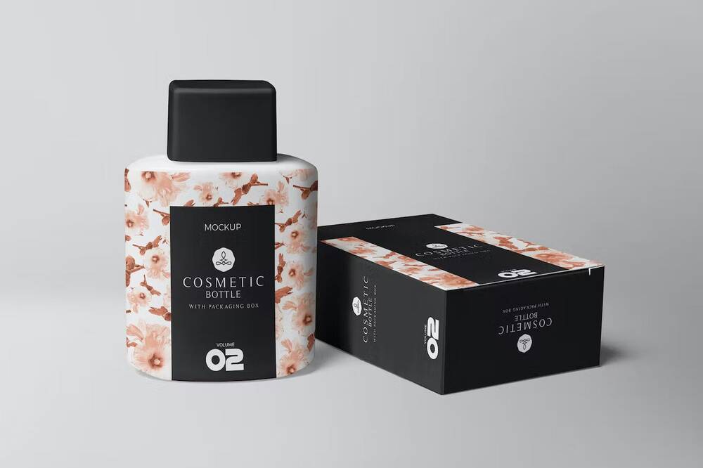 Cosmetic bottle and box packaging mockup