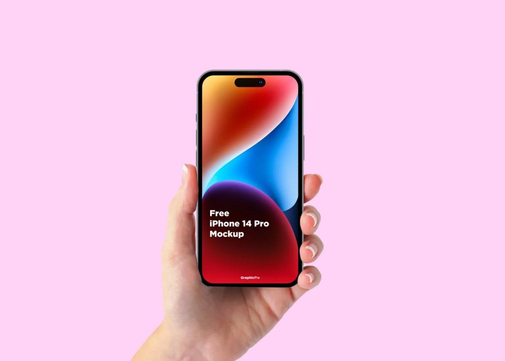 Women hand holding free iPhone 14 pro mockup