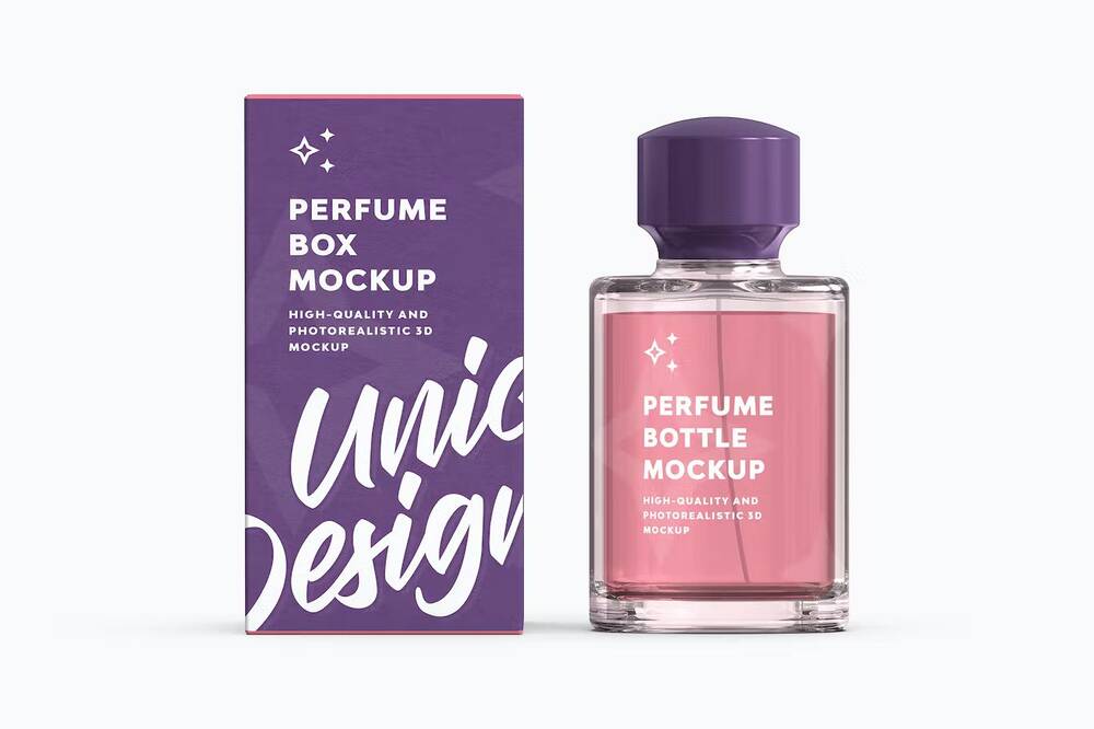 Perfume bottle and box mockup template