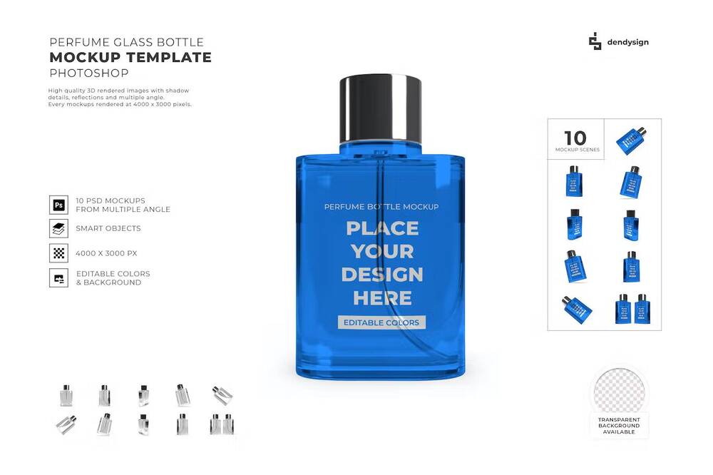 A blue glass bottle mockup set