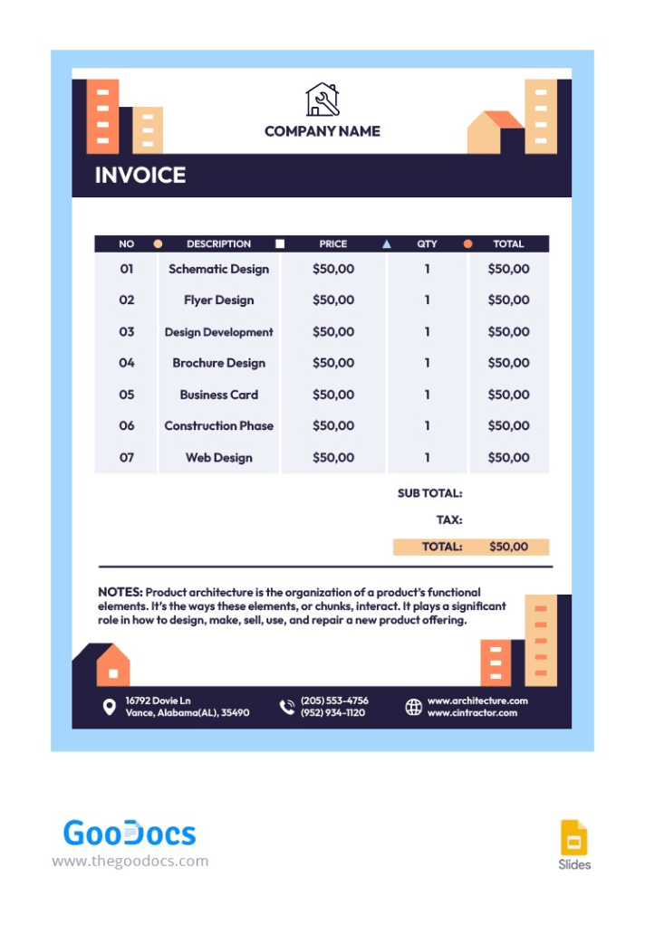 Free contractor invoice google slides template