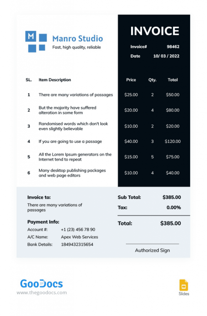 Free moder invoice google slides template