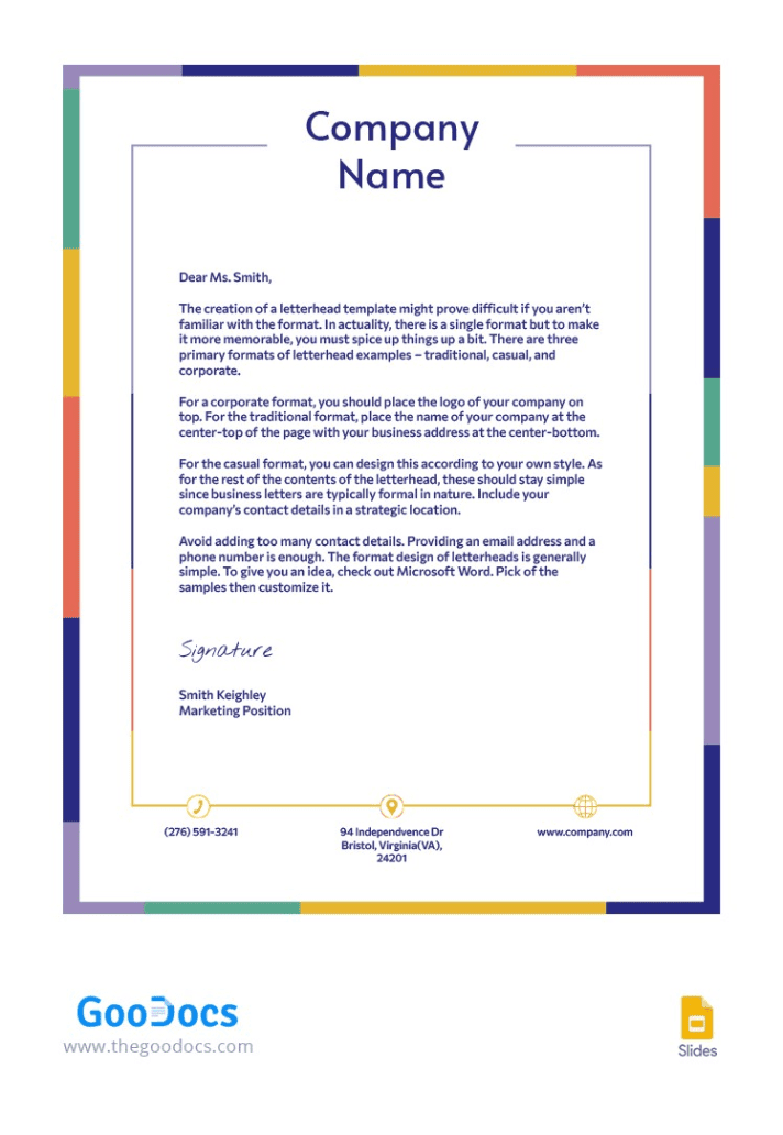 Free cimply colored letterhead google slides