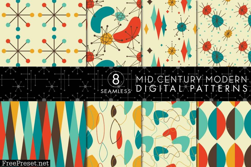 Eight mid century modern digital patterns