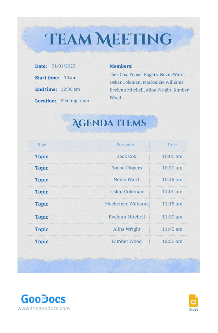 Free watercolor style team meeting google slide template